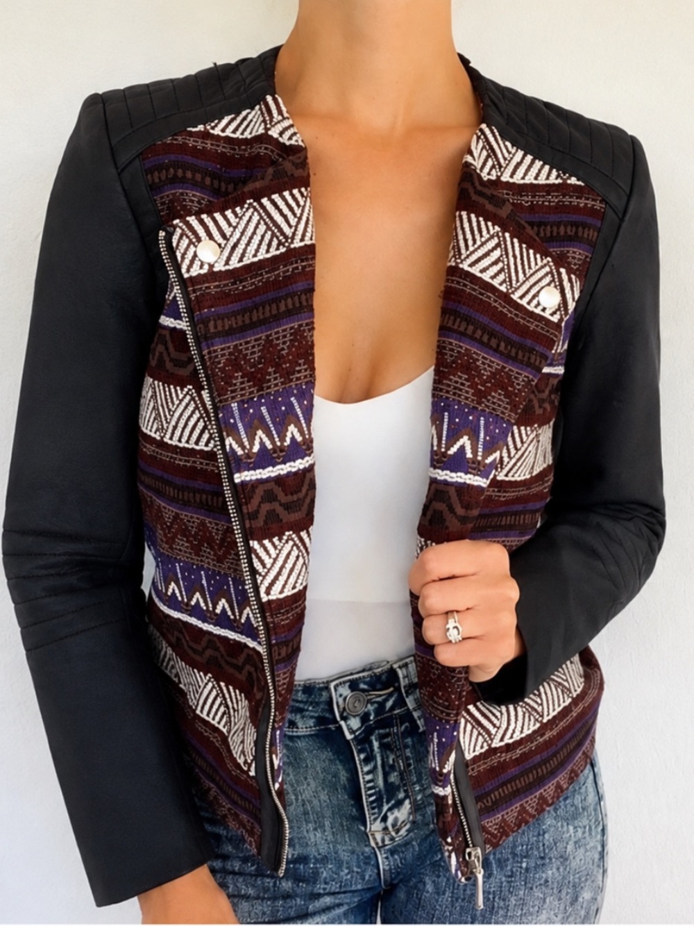 H&M black blue woven tribal print moto jacket size 4